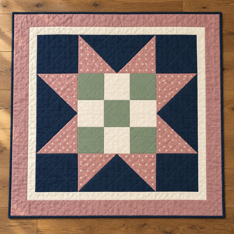 Barn Star Quiltpatroon PDF, Rosewood Meadow Star, Blush Floral en Navy Lap Quilt, 48 x 48 inch, geïllustreerd prototype afbeelding 2