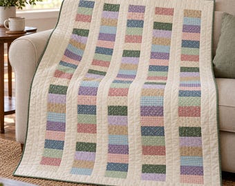 Scrappy Strip Quilt Pattern PDF, Cottage Bloom, Vintage Floral Patchwork Throw, 48 x 66 Inches, Illustrated Prototype