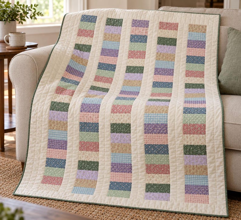 May include: A rectangular quilt featuring vertical columns of alternating fabric patches. The patches display various floral and gingham patterns in shades of pink, blue, green, purple, and tan, separated by solid cream-colored fabric strips.
