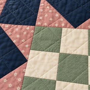 Barn Star Quiltpatroon PDF, Rosewood Meadow Star, Blush Floral en Navy Lap Quilt, 48 x 48 inch, geïllustreerd prototype afbeelding 4