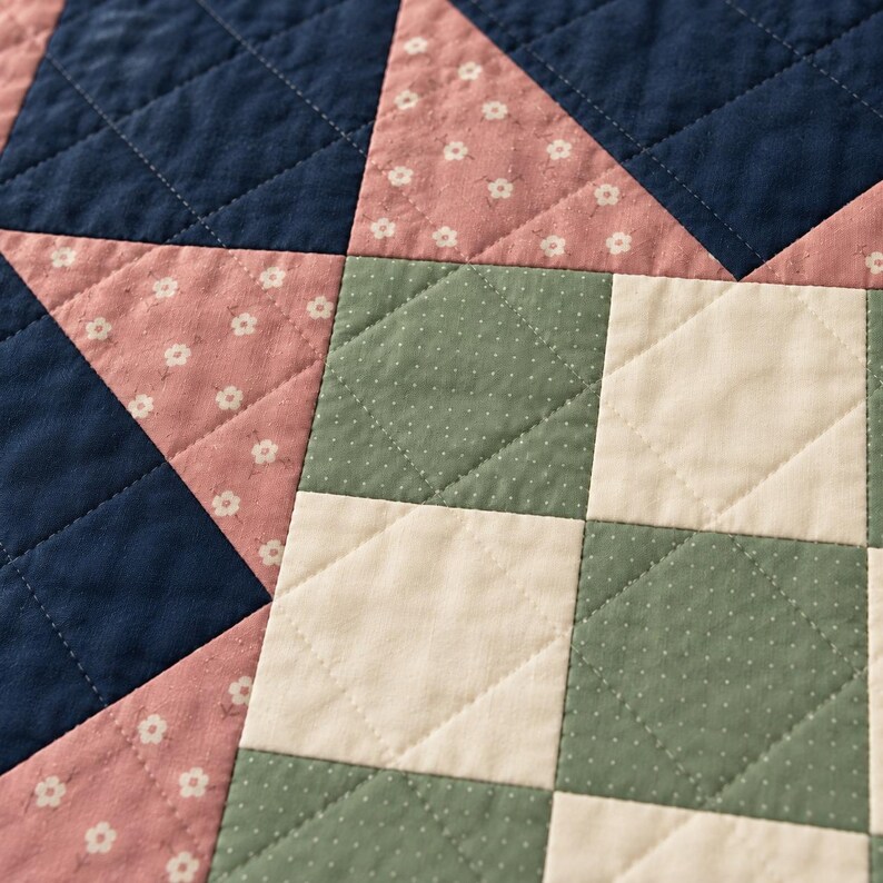 Barn Star Quiltpatroon PDF, Rosewood Meadow Star, Blush Floral en Navy Lap Quilt, 48 x 48 inch, geïllustreerd prototype afbeelding 4