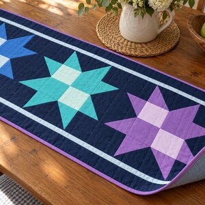 Wzór na bieżnik w kształcie gwiazdy w formacie PDF, zorza polarna, niebiesko-turkusowo-fioletowy patchwork, ilustrowany prototyp