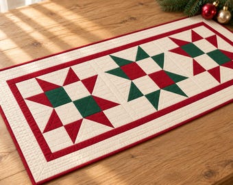 Christmas Star Table Runner Quilt Pattern PDF, Illustrated Large Print, Peppermint Stars