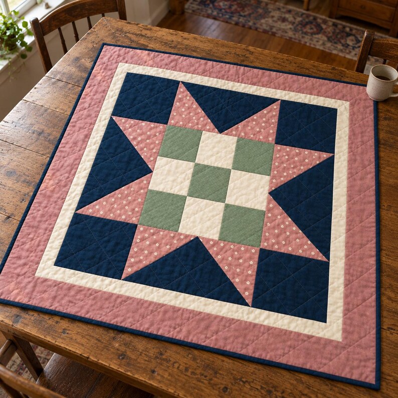 Barn Star Quiltpatroon PDF, Rosewood Meadow Star, Blush Floral en Navy Lap Quilt, 48 x 48 inch, geïllustreerd prototype afbeelding 3