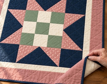 Barn Star Quilt Pattern PDF, Rosewood Meadow Star, Blush Floral and Navy Lap Quilt, 48 x 48 Inches, Illustrated Prototype