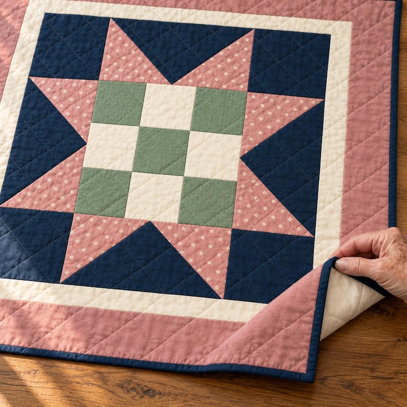 Barn Star Quiltpatroon PDF, Rosewood Meadow Star, Blush Floral en Navy Lap Quilt, 48 x 48 inch, geïllustreerd prototype afbeelding 1