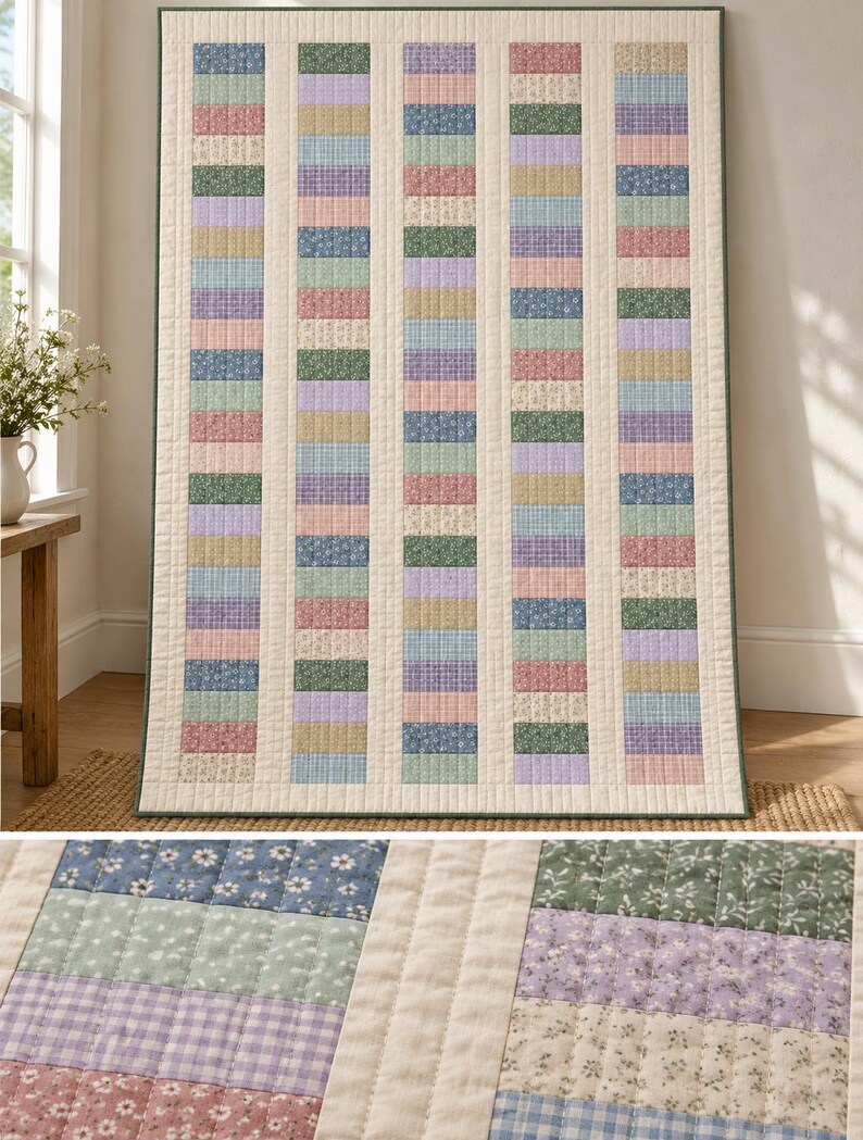 May include: A rectangular quilt featuring a vertical striped pattern of alternating cream-colored fabric columns and rows of small, multi-colored floral and gingham print fabric squares in shades of pink, green, blue, and lavender.