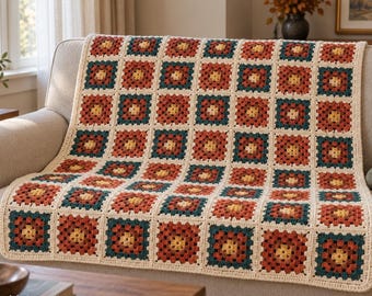 Granny Square Crochet Blanket Pattern PDF, Autumn Keepsake, Illustrated Vintage Throw