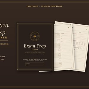 May include: A printable Exam Prep Planner in a dark brown color scheme. The cover features the text Exam Prep Planner and a compass icon. Inside pages are cream-colored with lined sections for study tracking, daily goals, and reflections.