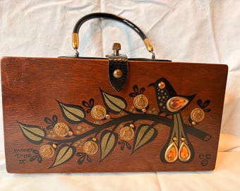 Vintage Enid Collins Money Tree IX houten tas uit 1964 | Handtas met handgeschilderde vogel van Collins of Texas | Collins tas uit het midden van de 20e eeuw