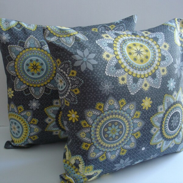 PILLOWS 16 x 16 Set of Two - Blue Gray Yellow Throw Pillow Cover 16 x 16 Decorative Contemporary Pillows Accent Pillow Modern geometric