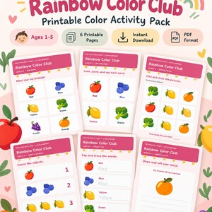 May include: A printable color activity pack titled Rainbow Color Club by The Little Edit Studio. The set includes six pages featuring illustrations of fruits and vegetables like apples, blueberries, lemons, broccoli, grapes, and oranges.