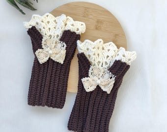 Brown Cotton Crochet Wrist Warmers with Cream Lace Bows and Scalloped Trim