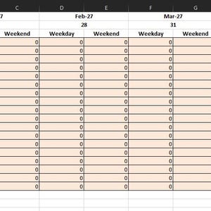 May include: A digital spreadsheet table with rows labeled Person 1 through Person 18. Columns are organized by months Jan-27 through Apr-27, with sub-columns for Weekday and Weekend. The cells contain numerical values of 1 or 0.