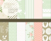 SALE Rustic floral shabby chic digital paper and borders. mint, blush, pink, beige digital paper. hearts. Garden roses kit. 