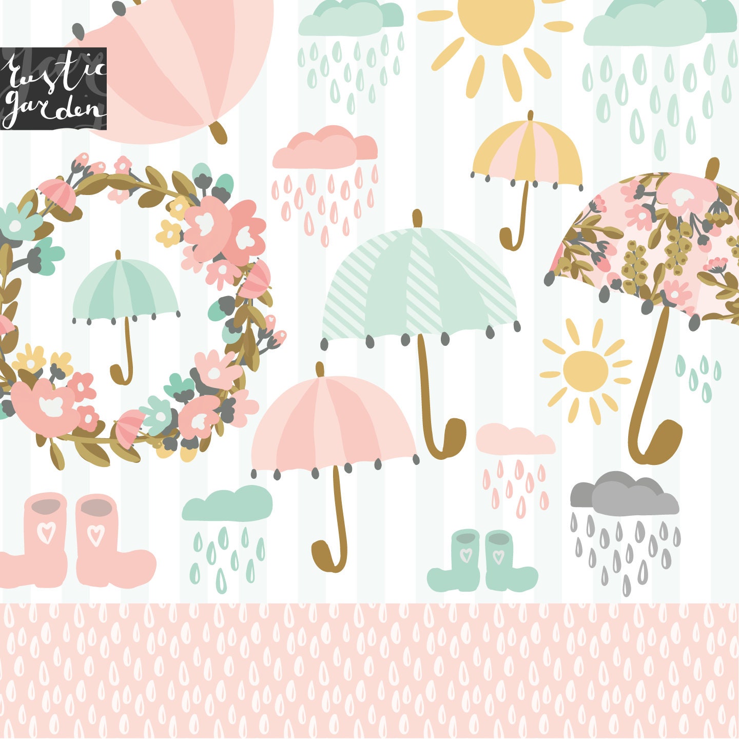 UMBRELLA clipart kit. Floral wreath with pink umbrellas, rainy clouds…