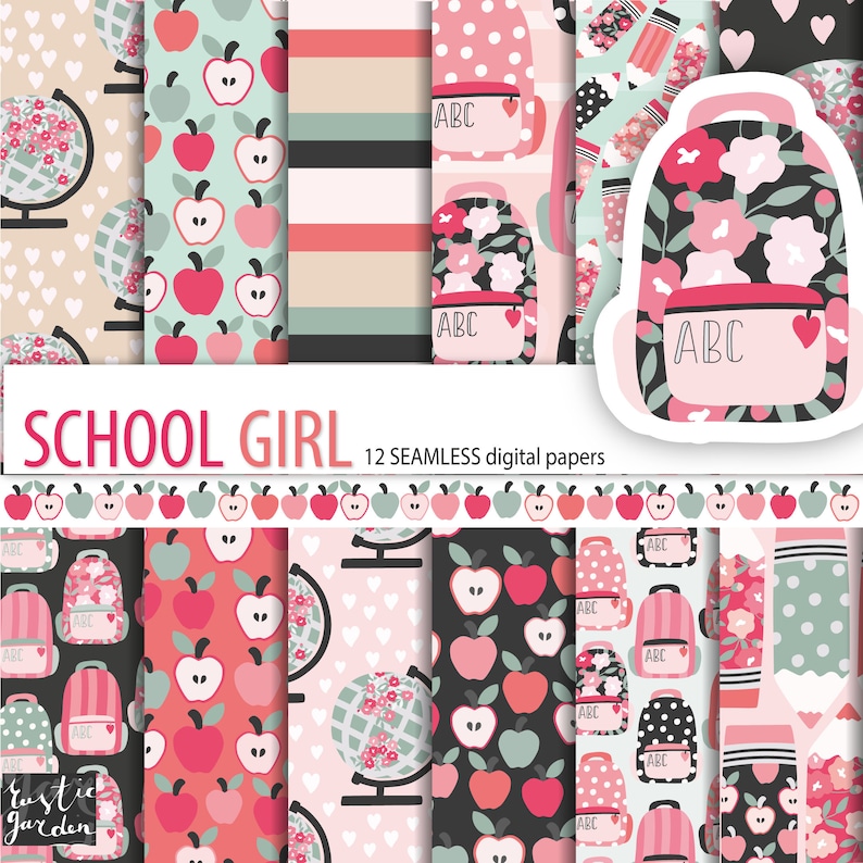 SCHOOL GIRL seamless digital paper kit. Back to school image 0