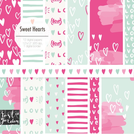 Hot Pink Mint Heart Digital Paper Kit Seamless Love Patterns Etsy