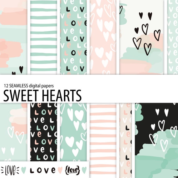 Pink Mint Love And Heart Digital Paper Pack Seamless Etsy