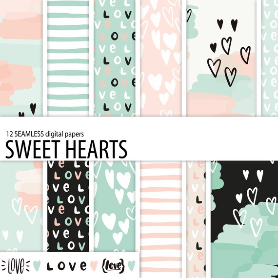 Pink Mint Love And Heart Digital Paper Pack Seamless Etsy Pink Mint Love And Heart Digital Paper Pack Seamless Etsy