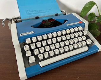 Vintage Blue Typewriter - Olympia Traveller de Luxe - Blue White - retro typewriter - vintage typewriter working typewriter