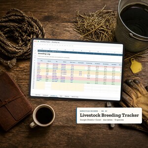 Pode incluir: Um tablet digital exibindo uma planilha intitulada Breeding Log com colunas para espécie, pai e datas. Uma caixa de texto diz: Homestead Records No. 03 Livestock Breeding Tracker Google Sheets + Excel due dates 9 species.