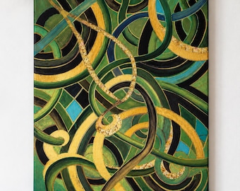 Abstract Green and Gold Painting | Vintage and Modern Wall Decor | Contemporary Art | Original Canvas | Art Deco Style