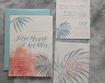 Tropical Romantic Palm Leaves and ocean blue Wedding Invitations - Beautiful watercolor palm leaf and blush invitation set - printable