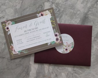 Watercolor Floral & Succulent Bridal Shower Invitations - Rustic Boho Wedding invites - Custom Printable