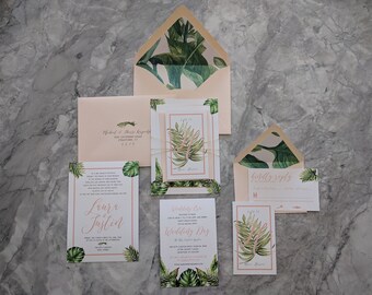 Tropical Romantic Palm Leaves and Blush Wedding Invitations - Beautiful watercolor palm leaf and blush invitation set - printable