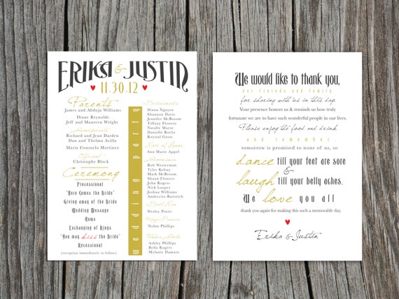 printable front and back wedding program and thank you etsy