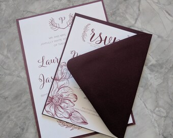 Rustic Romantic Floral Line Drawing Wedding Invitations and Menu - Beautiful hand drawn floral wine wedding invites with crest