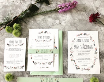 Floral Wreath Wedding Invitation Set - Printable PDF