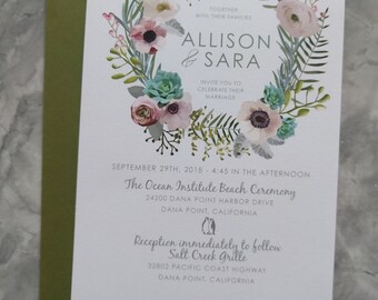 Watercolor Floral Succulent Wreath Bridal Shower Invitations - Rustic Boho Wedding invites - Custom Printable