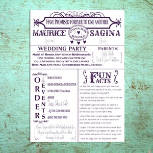 May include: A wedding announcement for Maurice and Sagina. The announcement is in the style of a newspaper with a list of wedding events and fun facts about the couple. The announcement is on a light blue background.