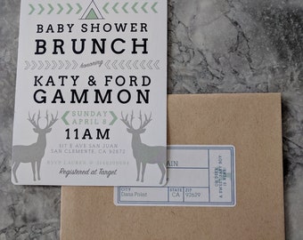 Woodland Baby Shower invite- Cute Gray, Blue and Mint invitation, boho teepee and antlers invitation - Printable