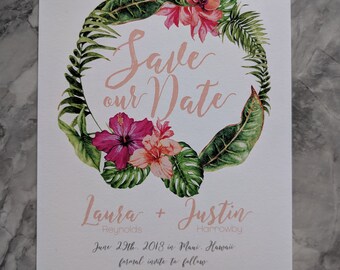 Tropical Floral Wreath & Palm leaves Bridal Shower Invitations - Tropical island Wedding invites - Custom Printable