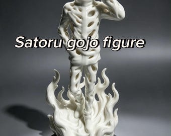 May include: A white ceramic Satoru Gojo figure standing on a flame-shaped base. The figure features a high-collar jacket and pants with numerous oval cutouts throughout the clothing. One hand is raised to the head, and the text Satoru gojo figure is displayed across the center of the image.