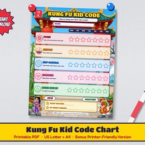 May include: A Kung Fu Kid Code reward chart featuring a colourful temple background, five behaviour categories with star tracking rows, a name field, and a weekly reward section. The chart includes illustrations of a child in a martial arts uniform and a dragon.