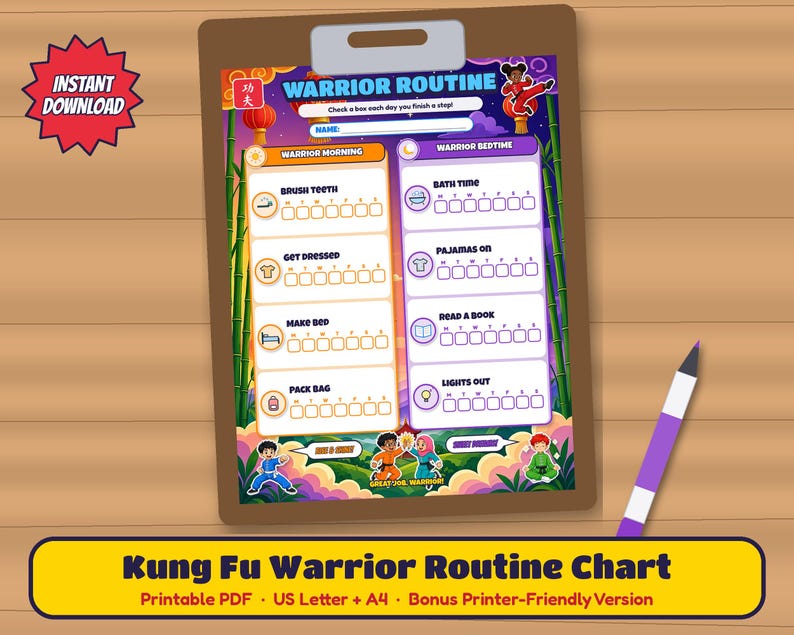 Kung Fu Kids Routine Chart Printable, Morning and Bedtime Routine ...