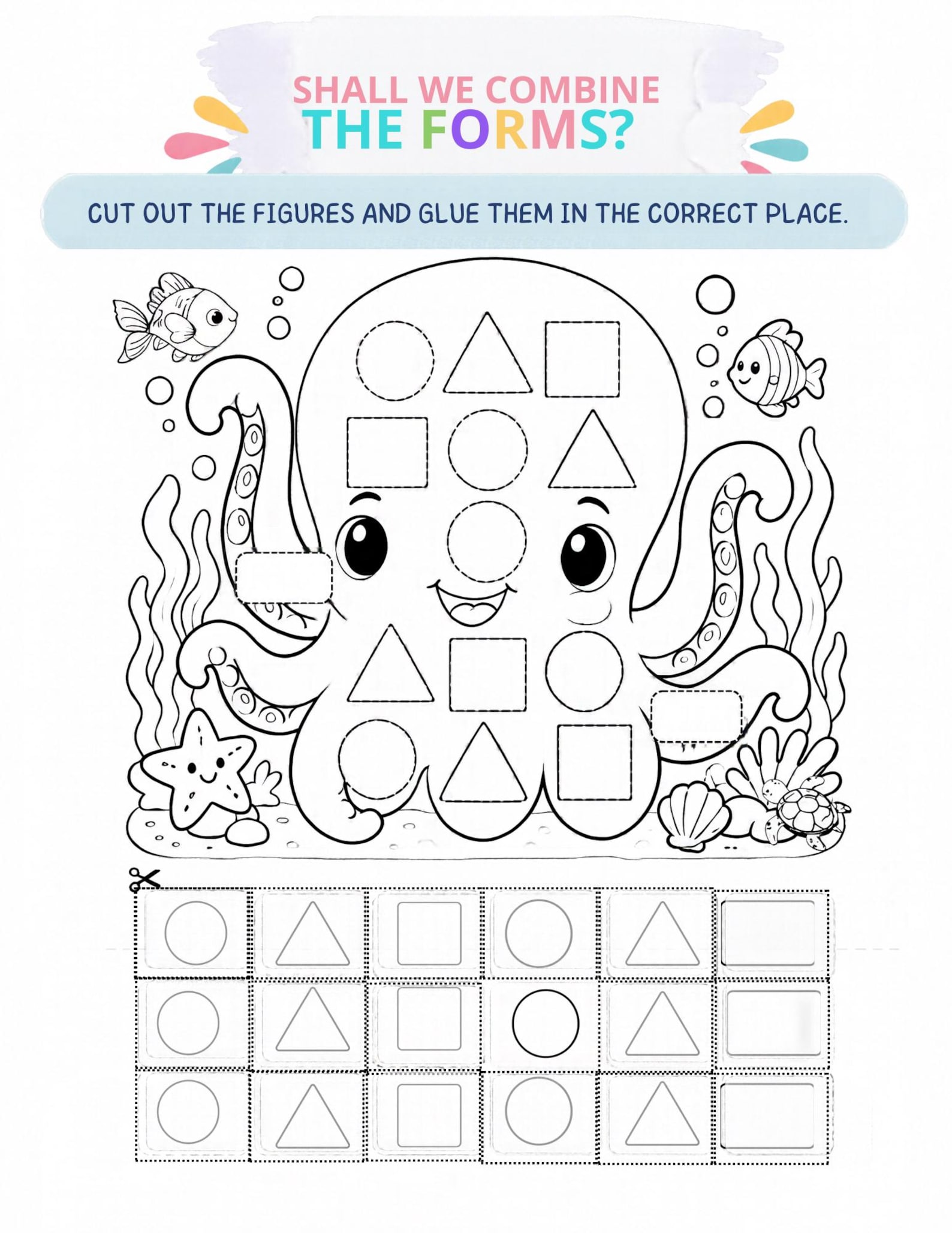 Learn 5 Basic Shapes Octopus Shape Matching Worksheet, Preschool Cut and Paste Activity ...