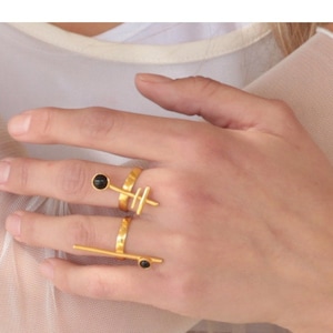 Linear Ring with Onyx or Tiger Eye Stone in Sterling Silver 925
