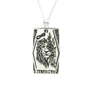 Collar de cartas de tarot de fuerza, joyería, pequeño, presagio positivo, acción, valentía, instinto y cuidado de los demás, plata de ley 925 oxidada