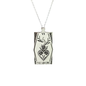 De Lovers Tarot Card Ketting, Sieraden, Tiny, Positief Voorteken, Partnerschap, diepe liefde en evenwicht, Sterling Zilver 925 Geoxideerd