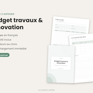 Peut inclure: Un planificateur de budget travaux et rénovation à imprimer comprenant plusieurs pages avec des tableaux pour les détails du projet, les devis et les estimations. Le texte inclut "Budget travaux & rénovation", "Mon projet" et "Comparatif des devis".