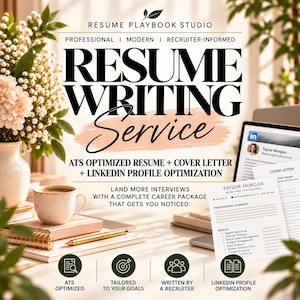 Könnte beinhalten: Eine digitale Werbeanzeige für Resume Playbook Studio mit dem Text Resume Writing Service, ATS Optimized Resume + Cover Letter + LinkedIn Profile Optimization und Land More Interviews With A Complete Career Package That Gets You Noticed.