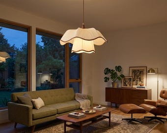 French Vintage Pleated Pendant Light, Double Layer Fabric Lamp, Mid-Century Decor