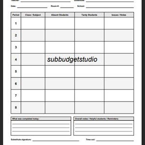 May include: A white Daily Substitute Report form with black text and lines. The header includes fields for teacher, substitute, date, room, and school. A grid tracks eight periods with columns for class, absences, tardies, and notes.