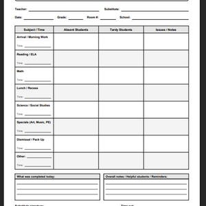 May include: A black and white Daily Substitute Report form for elementary school teachers. The document includes fields for teacher, substitute, date, grade, room, and school, plus a grid for tracking subjects, absent students, tardy students, and notes.