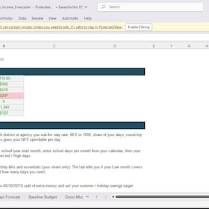 May include: A digital spreadsheet titled The Sub Income Forecaster, designed to track irregular income. It features a Your snapshot section with financial data in dollars, and a Set up in 5 steps guide for pay profiles, forecasting, and budgeting.